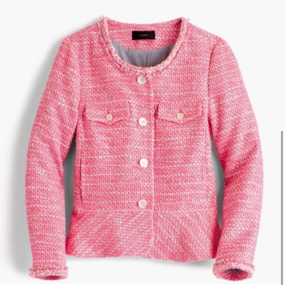 JCrew Hot Pink Tweed Peplum Braided Fringe Collar Blazer Jacket Size 2